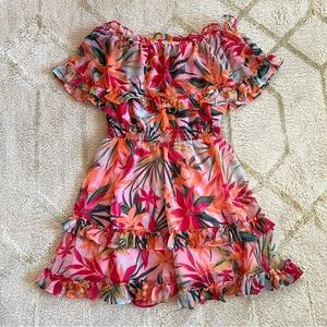 Jessica Simpson Pink Tropical Floral Ruffle Off-Shoulder Dress